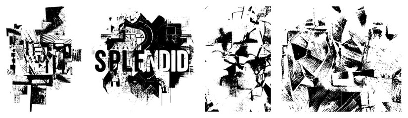 Abstract geometric shapes fragmented text splatter black and white
