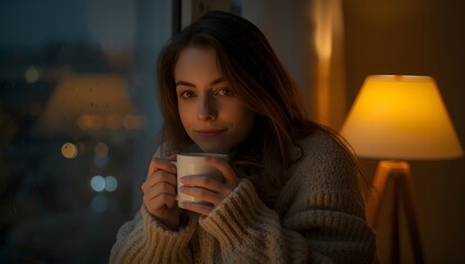 Cozy Young Woman Drinking Hot Beverage by Rainy Window in Warm Evening Light