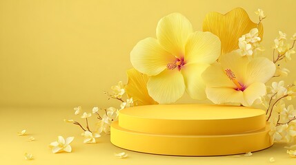 Yellow hibiscus flowers on a two-tiered yellow podium with small white flowers