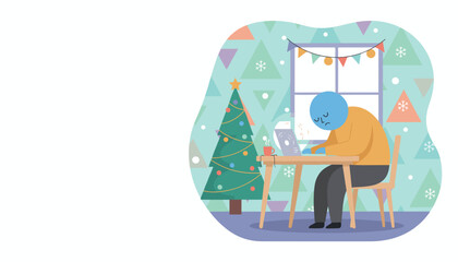 Fototapeta premium Holiday burnout Sad character working overtime on laptop next to a festive Christmas tree