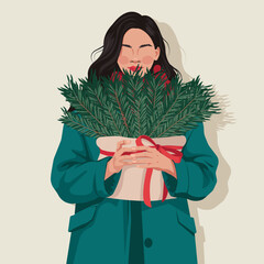 Cozy winter fashion woman holding a fir branch bouquet gift, modern flat vector illustration for Christmas and New Year greeting cards, posters, branding, social media ads, seasonal marketing.