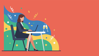 Remote business celebration woman working on laptop surrounded by colorful abstract party graphics