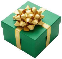 Vibrant green gift box with elaborate gold bow and ribbon for festive occasions