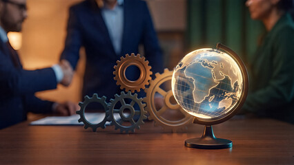 Glowing digital globe and metal gears on wooden table with blurred business people shaking hands
