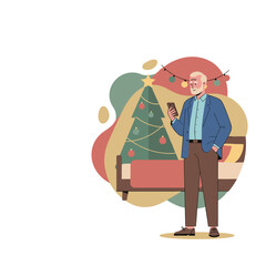 Senior man uses smartphone by Christmas tree celebrating holidays at home