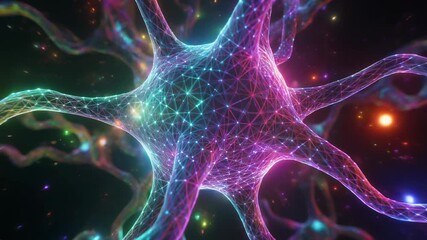 Vividly colorful neuron cell with digital grid, ideal for science and technology concepts in educational materials or technical designs.