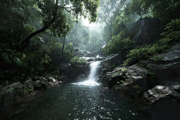 Obraz premium Secret waterfall in tropical jungle surrounded by lush green trees and rocks with misty atmosphere creating serene and peaceful natural scene