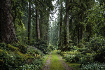 Obraz premium Serene forest pathway with tall trees and vibrant green foliage surrounded by lush plants and moss, creating peaceful and natural woodland atmosphere