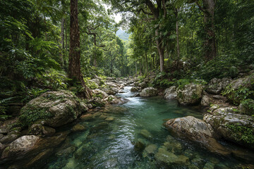 Obraz premium Serene rainforest stream with crystal clear water flowing over rocks surrounded by dense green foliage and tall trees in peaceful natural setting