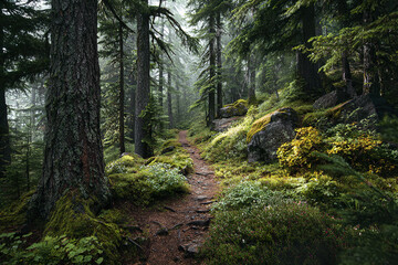 Obraz premium Serene woodland trail with soft golden light filtering through tall pine trees, lush green moss and bushes covering rocks, creating peaceful and natural forest atmosphere