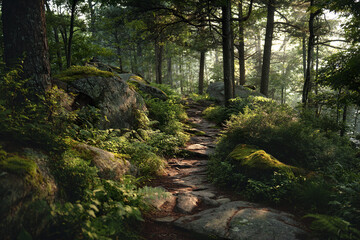 Obraz premium Serene woodland trail with soft golden light filtering through tall trees, lush green ferns, moss covered rocks, and peaceful natural forest path inviting calm exploration