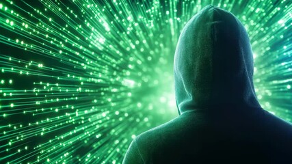 Digital Enigma: A hooded figure stands silhouetted against a vibrant network of green digital streams, symbolizing the hidden world of technology and the mystery within. - Powered by Adobe