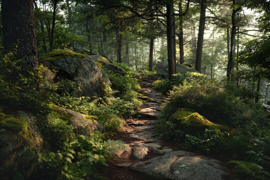Serene woodland trail with soft golden light filtering through tall trees, lush green ferns, moss covered rocks, and peaceful natural forest path inviting calm exploration