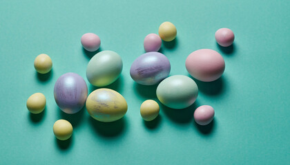 A collection of colorful Easter eggs on a teal background