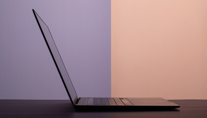 A sleek laptop sits on a dark table against a colorful background