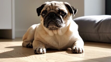 Adorable fawn pug dog resting calmly on a bright wooden floor in a sunny room. Concept of domestic pet comfort
