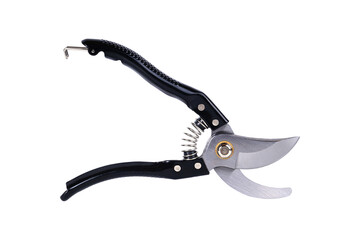 Pruning shears for trimming tree branches and maintaining a garden on an isolated background. Pruning shears on a white background