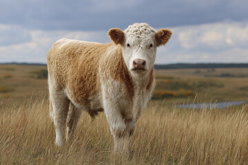 Obraz premium Young brown and white calf standing on dry grassland under cloudy sky with distant hills and water, evoking calm rural livestock scene in natural environment