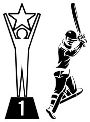 baseball player swinging bat next to first place trophy