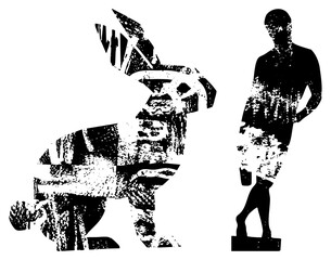 dog statue and human statue black and white vector