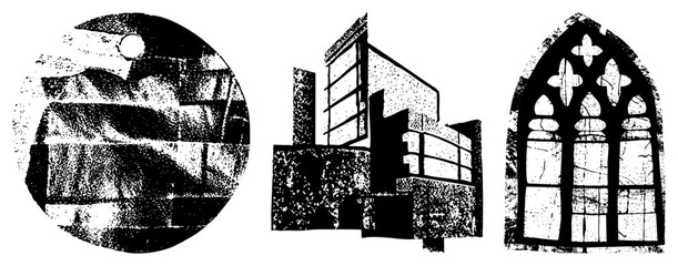 architectural elements abstracted in black and white vector style