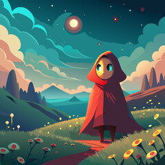 Lone figure in a red cloak stands under a starry night sky