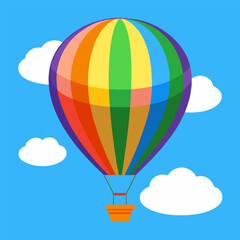 Colorful hot air balloon floating amongst fluffy white clouds in a bright sky