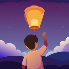 A child releasing a glowing paper lantern into the night sky