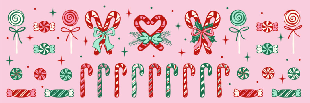Hand drawn Christmas lollipops, candy canes and peppermint sweets. Elements with spiral red and green stripes and swirls. Festive candies, stars and decorative elements, vector set