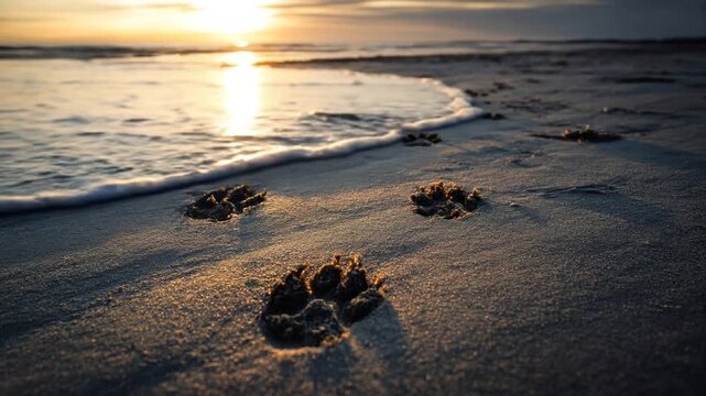 Sea wave washes away footprints. Follow dog paw prints on sandy beach at sunset. Animal tracks in golden hour light. Nature walk, pet companion, outdoor adventure concept.