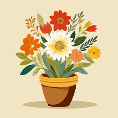 Rustic clay pot filled with a mix of colorful autumn floral plants