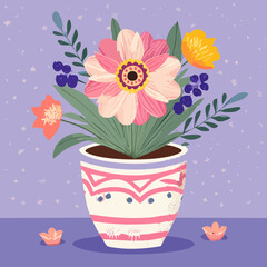 Beautiful floral arrangement in a patterned pot with colorful summer garden plants