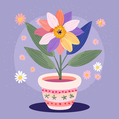 Artistic illustration of a decorative flower pot with vibrant purple blooming garden plants