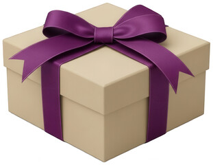 Beige gift box with purple ribbon and bow isolated on transparent background