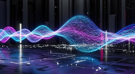 Neon glowing wave pattern with pink and blue hues on metallic surface in dark room with futuristic ambiance and cityscape background