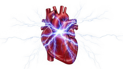 Illuminated heart with electric energy isolated on transparent background