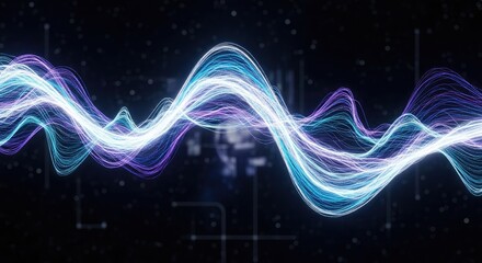 Vibrant multicolored light waves glowing against a dark background with stars, futuristic digital illustration of swirling energy patterns in shades of blue and purple
