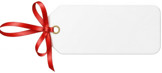 Blank horizontal white gift tag label template decorated with bright red satin ribbon bow isolated on transparent background