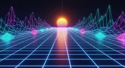 Neon grid background with futuristic waveform and glowing sun, technology and innovation concept with vibrant colors and digital design elements