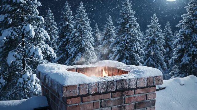 A heavily loaded red velvet gift bag is stuck halfway down a snowy rustic brick chimney on a moonlit winter night surrounded by deep pine forest seasonal, rustic architecture, gift wrapping