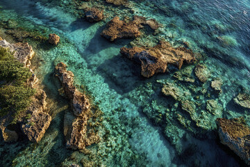 Obraz premium Coral reef formations in clear turquoise water with rocky textures and underwater shadows creating serene and natural ocean scene full of vibrant marine life potential
