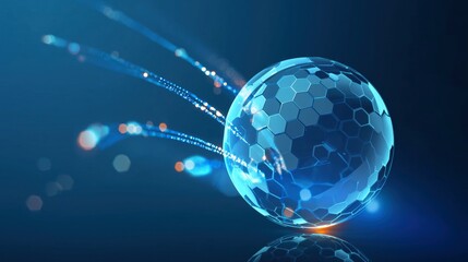 Futuristic Blue Glass Sphere, Hexagonal Pattern Digital Network, Glowing Data Connectivity Trails, Abstract High-Tech Global Innovation, Cyber Intelligence Flow, Virtual Communication Backdrop