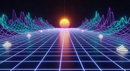 Vibrant neon grid landscape with glowing lines and sunset, futuristic digital scenery with purple blue and orange hues, technology and innovation concept