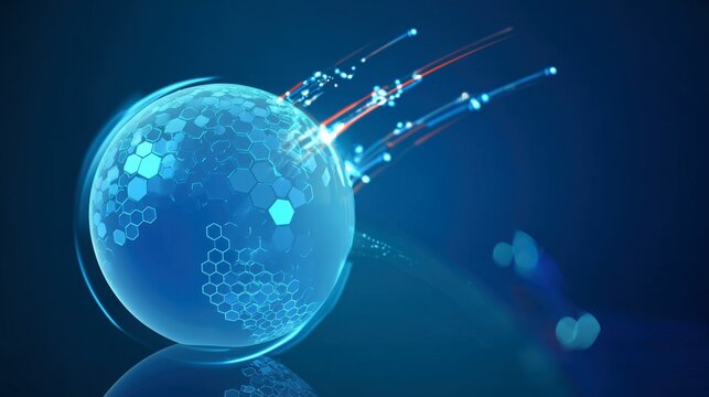 Futuristic Blue Digital Sphere, Hexagonal Grid Data Network, Glowing Orange Light Trails, Dynamic High Speed Motion, Global Cyber Connectivity, Abstract Technology Innovation, Copy Space Backdrop - Powered by Adobe