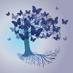 
A tree of life, also called yggdrasil, with morpho menelaus butterflies in the crown. The roots of the tree are visible.
