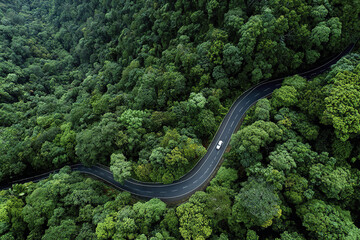 Winding road through dense green forest with single white car driving, surrounded by lush trees and natural landscape, peaceful and scenic aerial view