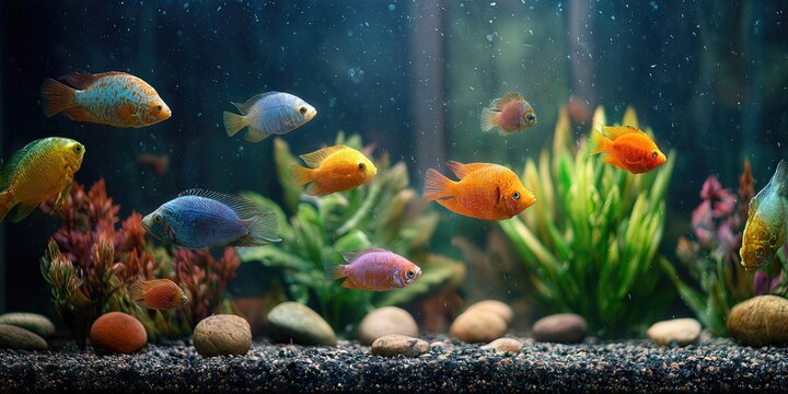 Colorful Aquarium: An underwater world comes alive with an array of vibrant fish, swimming amongst lush aquatic plants and a diverse rock arrangement.