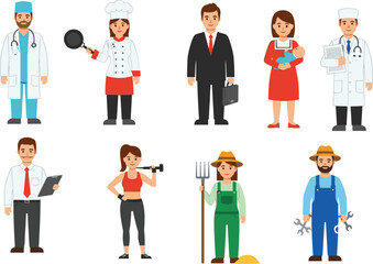 Obraz premium Diverse professional people characters, flat vector illustration of occupations including doctor, chef, businessman, farmer, mechanic, fitness trainer