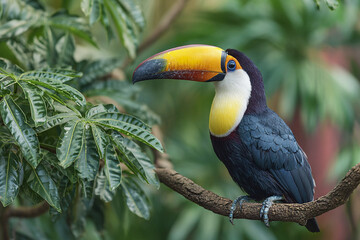 Fototapeta premium Toucan bird perched on branch in dense tropical rainforest with bright colorful beak and detailed feathers, natural wildlife scene with green foliage background