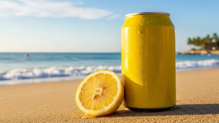 Yellow soda can with lemon slice on beach sand